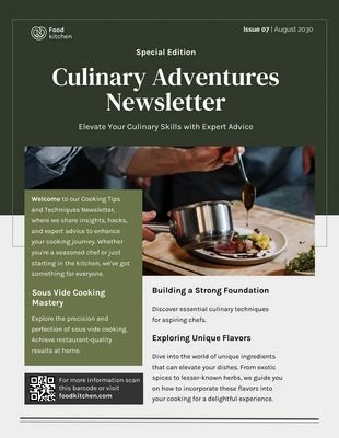 Ett matnyhetsbrev med titeln Culinary Adventures Newsletter och en kock som lägger sista handen vid en tallrik.