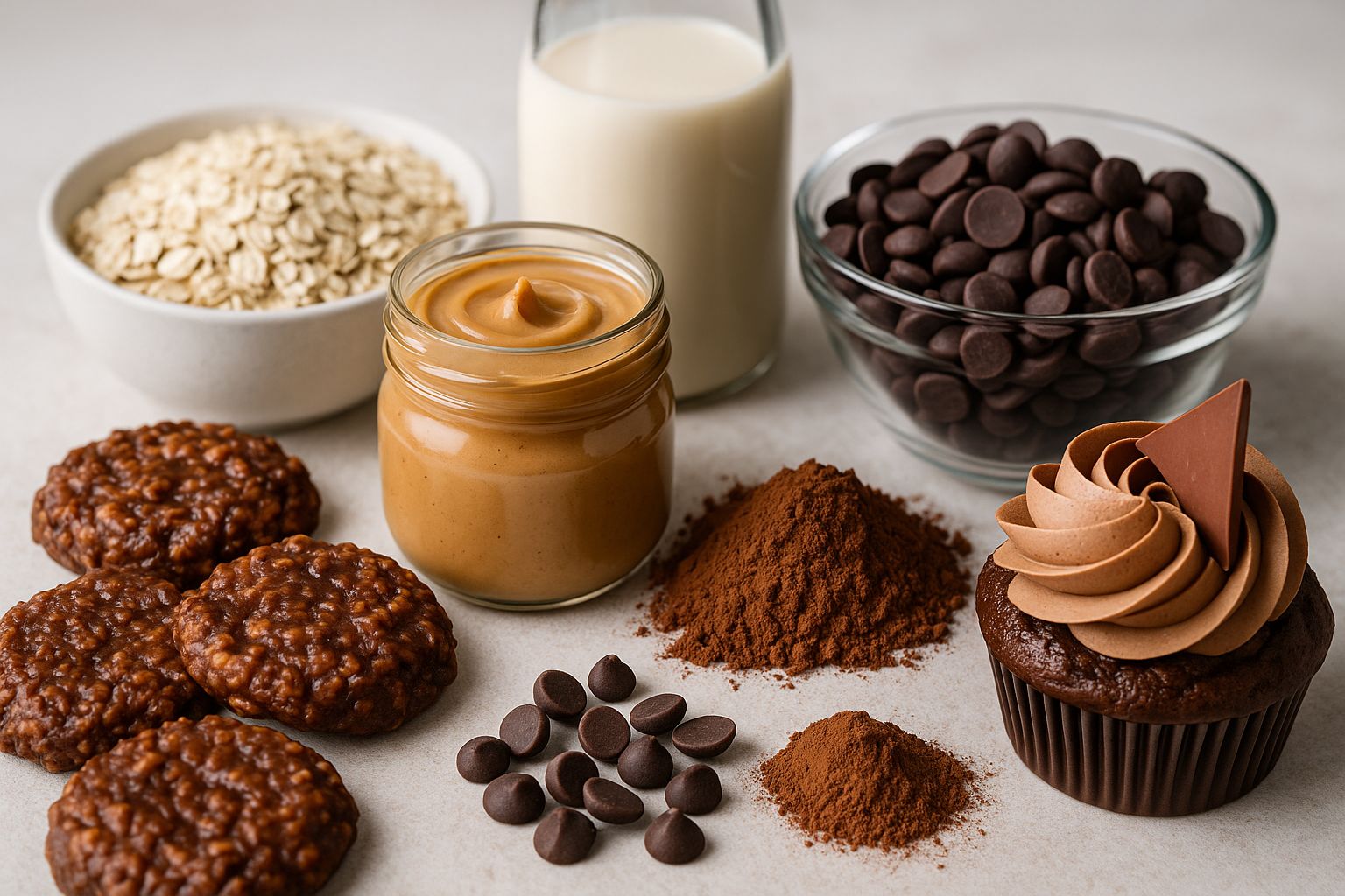 Närbild p%C3%25A5 olika veganska bakprodukter som fr%C3%25B6n och s%C3%25B6tningsmedel.